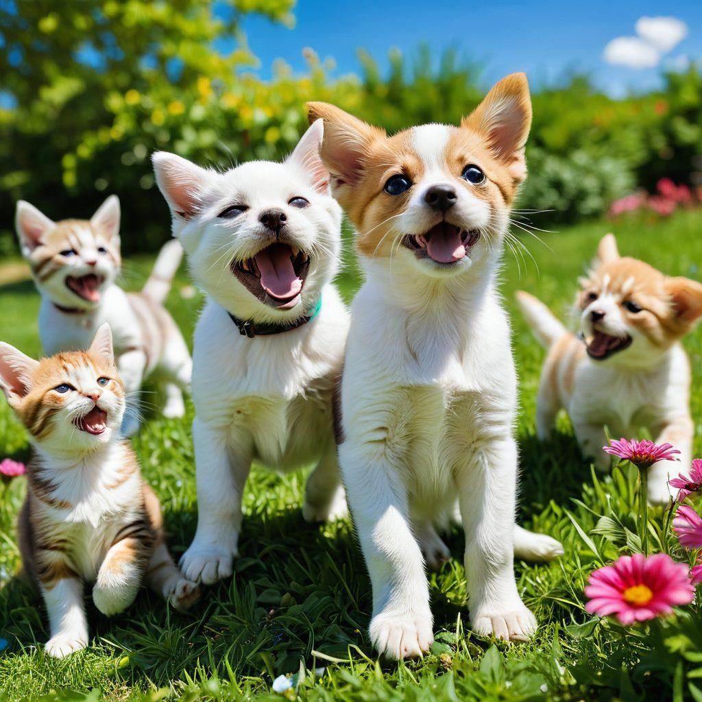 A heartwarming scene of playful puppies and kittens frolicking in a lush green park, surrounded by colorful flowers and a bright blue sky. The animals are engaged in joyful antics, like chasing butterflies and rolling in the grass. In the background, happy families watch and laugh, creating an atmosphere of pure joy and companionship. soft focus, vibrant colors, cheerful atmosphere.