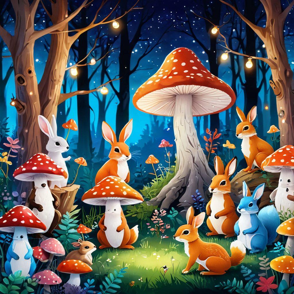 A vibrant, enchanted forest filled with playful furry animals like rabbits, foxes, and squirrels engaging in lively adventures. Include whimsical elements such as colorful mushrooms, sparkling fairy lights, and a clear blue sky. The scene should evoke a sense of joy and curiosity, drawing the viewer into this magical world. Create a sense of movement, as if the animals are interacting and inviting the viewer to join in. cartoonish style. bright colors. whimsical atmosphere.
