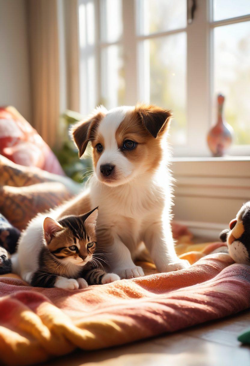 A warm, cozy living room scene featuring a playful puppy and a cuddly kitten snuggling together on a soft, colorful blanket. Sunlight streams through a window, casting a joyful glow on the pair, surrounded by toys and pillows. The atmosphere radiates happiness and comfort, showcasing the bond between pets and their owners. super-realistic. vibrant colors. cozy ambiance.